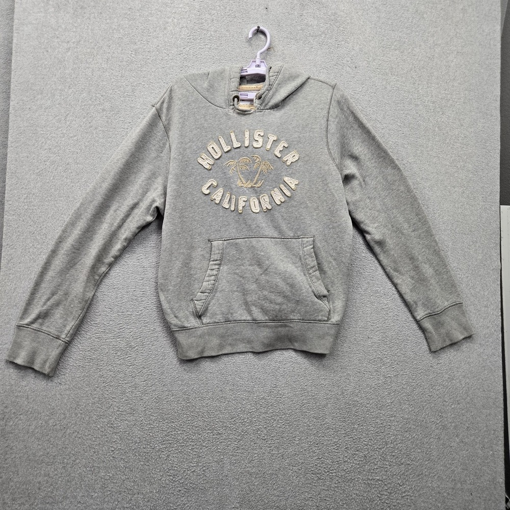 Hollister Men Hoodie L Gray Logo Embroidered Fleece Palm Tree Pullover Casual